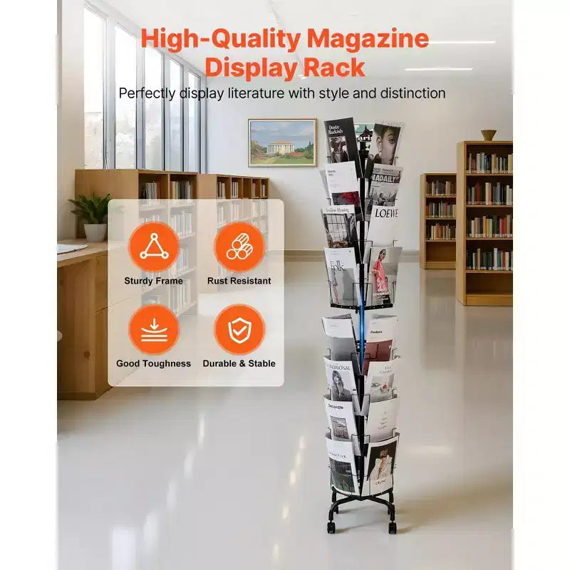 Présentoir rotatif à 32 compartiments pour cartes avec roulettes et porte-affiche - Support pivotant à 360 degrés