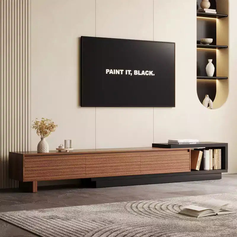 Meuble TV extensible Mid-Century Modern 78.74102.3 avec 3 tiroirs, façade texturée et console média moderne pour salon