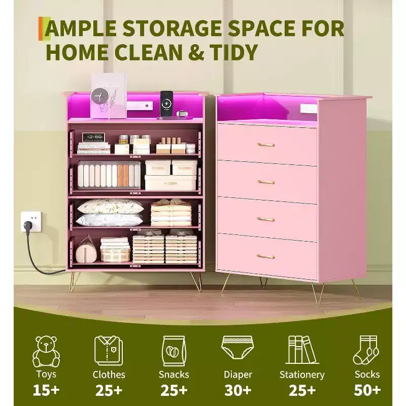 Commode avec station de charge Commode haute en bois à 4 tiroirs Grand meuble de rangement pour chambre, salon ou dressing