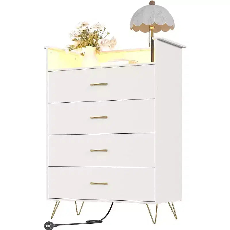 Commode avec station de charge Commode haute en bois à 4 tiroirs Grand meuble de rangement pour chambre, salon ou dressing