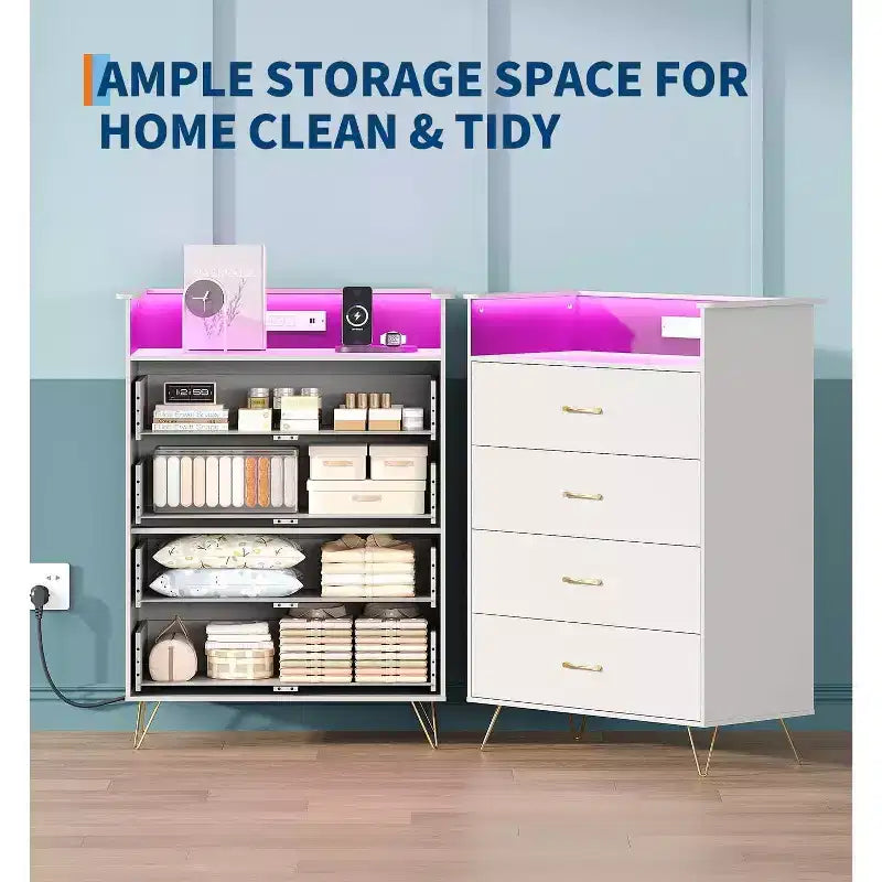 Commode avec station de charge Commode haute en bois à 4 tiroirs Grand meuble de rangement pour chambre, salon ou dressing