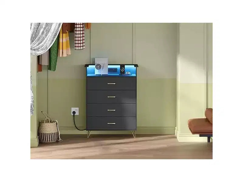 Commode avec station de charge Commode haute en bois à 4 tiroirs Grand meuble de rangement pour chambre, salon ou dressing