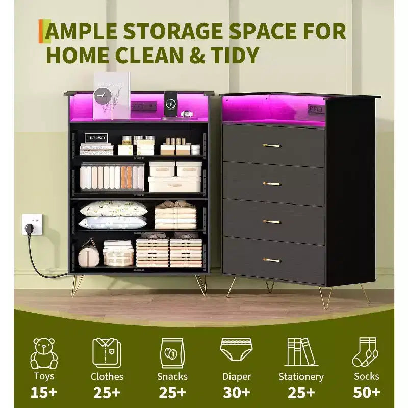 Commode avec station de charge Commode haute en bois à 4 tiroirs Grand meuble de rangement pour chambre, salon ou dressing