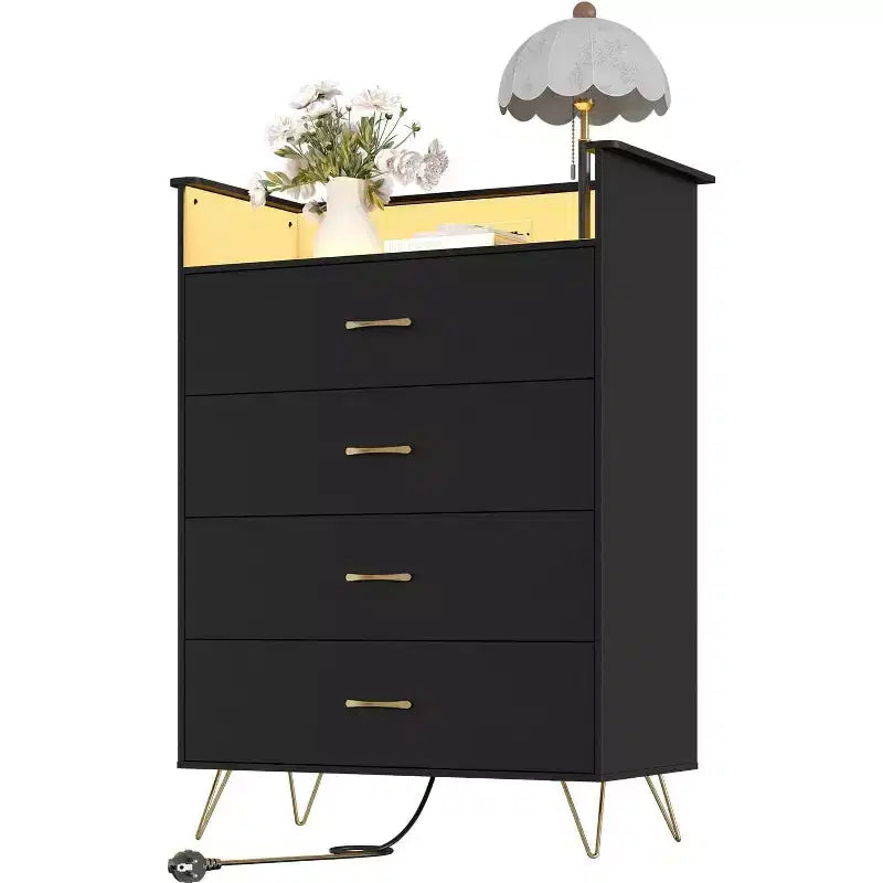 Dresser with Charging Station  4-Drawer Tall Wooden Chest  Large Storage Cabinet for Bedroom, Living Room, or Closet