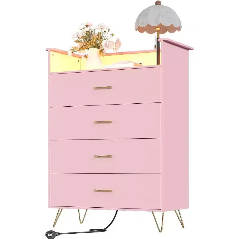 Commode avec station de charge Commode haute en bois à 4 tiroirs Grand meuble de rangement pour chambre, salon ou dressing