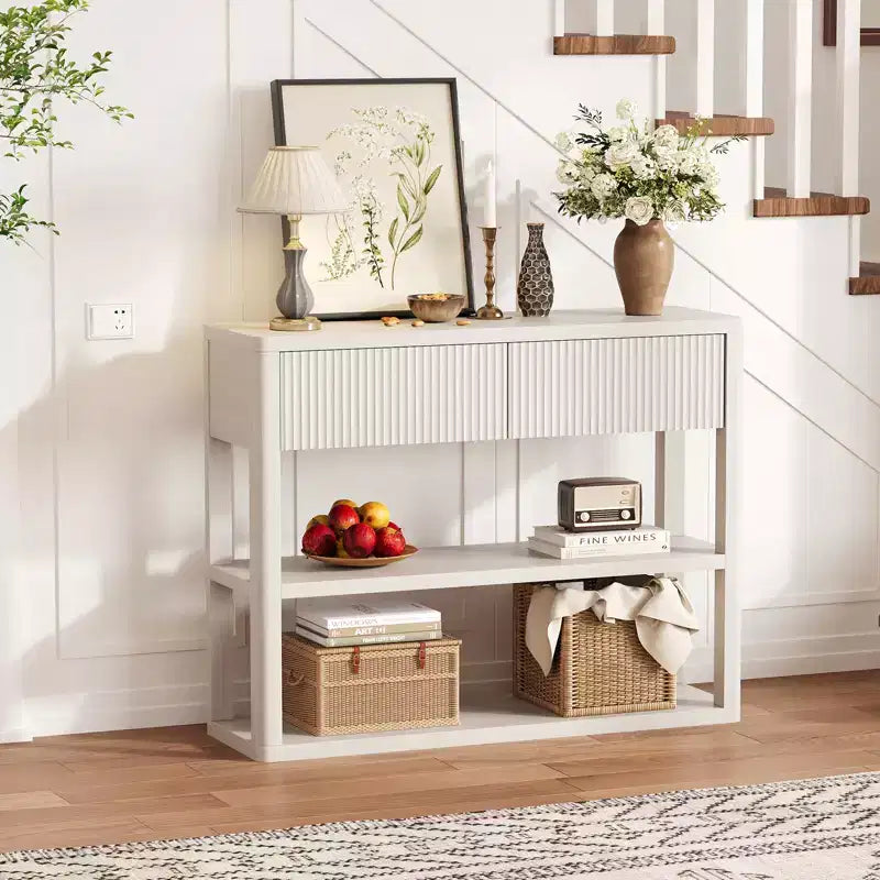 34.6 Tall Console Table - Fluted Entryway Table with 2 Drawers, 3-Tier Shelves, Wood Sofa Table for Living Room, Hallway, Foyer, Narrow Entrance