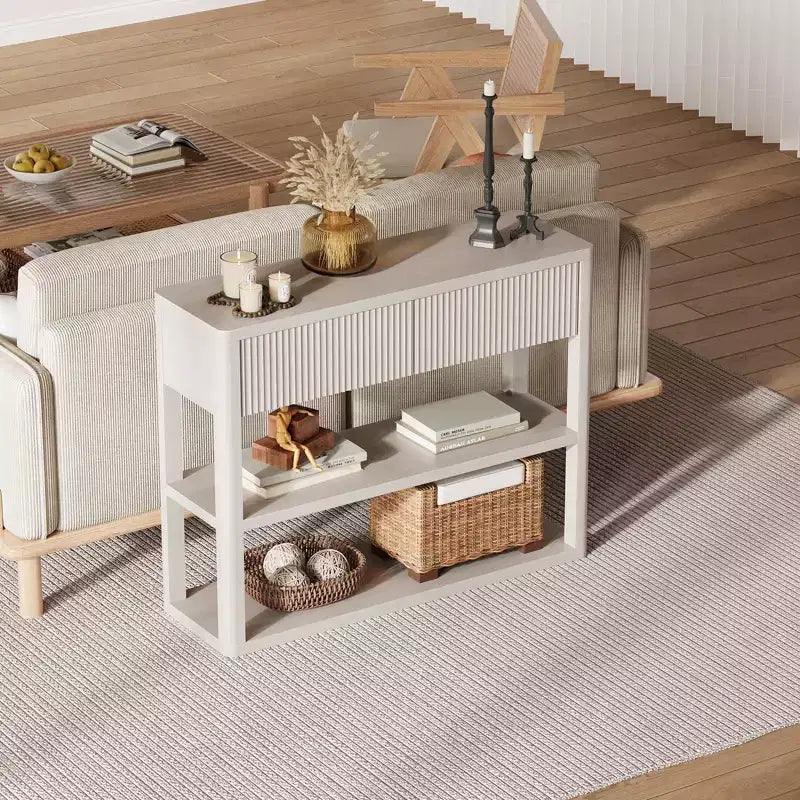 Console étroite de 88 cm de haut - Table d'entrée cannelée avec 2 tiroirs, 3 étagères, table de canapé en bois pour salon, couloir, hall d'entrée, entrée étroite