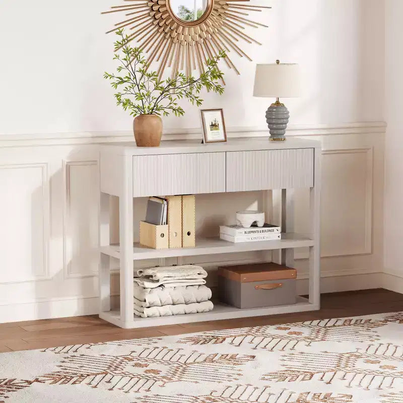 Console étroite de 88 cm de haut - Table d'entrée cannelée avec 2 tiroirs, 3 étagères, table de canapé en bois pour salon, couloir, hall d'entrée, entrée étroite