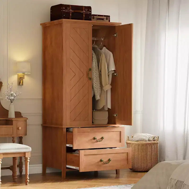 Spacious 71 V Shape Tall Wooden Armoire Wardrobe Closet  2 Doors & Drawers, Hanging Rod  Large Freestanding Storage Cabinetbrown