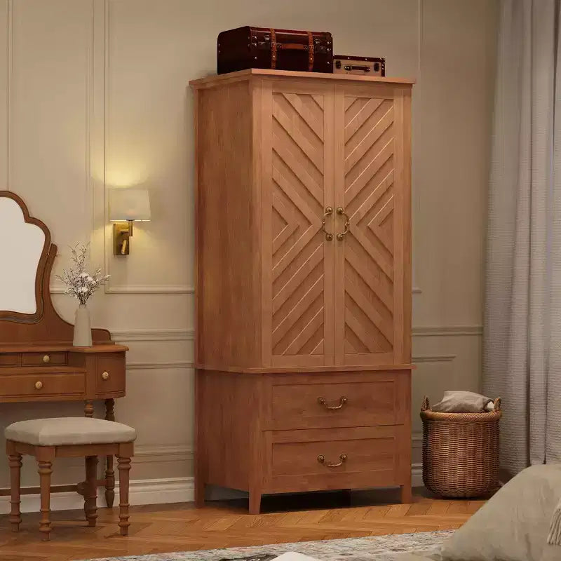 Grande Armoire en Bois en Forme de V de 180 cm, 2 Portes et Tiroirs, Tringle à Suspendre, Grand Meuble de Rangement Autonome, Marron