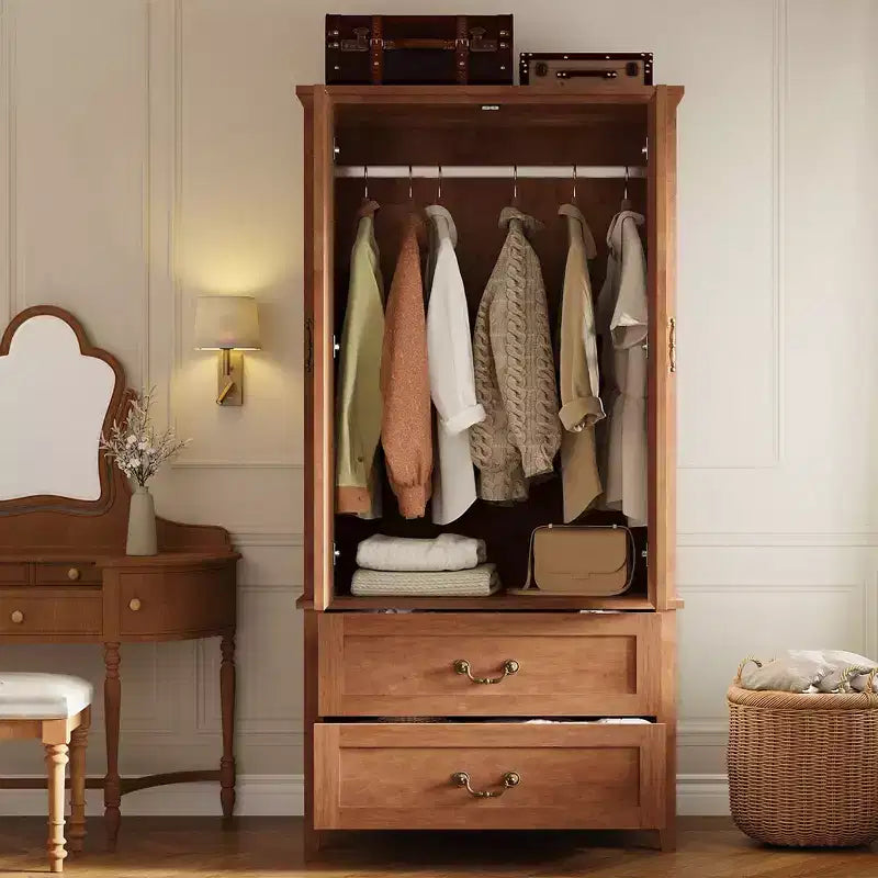 Grande Armoire en Bois en Forme de V de 180 cm, 2 Portes et Tiroirs, Tringle à Suspendre, Grand Meuble de Rangement Autonome, Marron