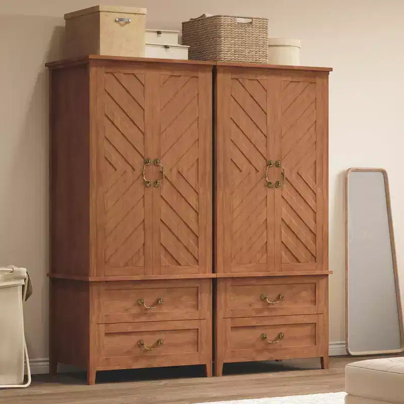 Grande Armoire en Bois en Forme de V de 180 cm, 2 Portes et Tiroirs, Tringle à Suspendre, Grand Meuble de Rangement Autonome, Marron