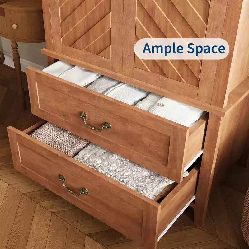 Grande Armoire en Bois en Forme de V de 180 cm, 2 Portes et Tiroirs, Tringle à Suspendre, Grand Meuble de Rangement Autonome, Marron