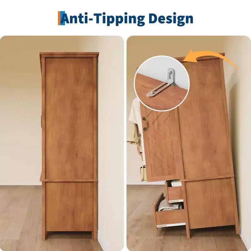 Grande Armoire en Bois en Forme de V de 180 cm, 2 Portes et Tiroirs, Tringle à Suspendre, Grand Meuble de Rangement Autonome, Marron