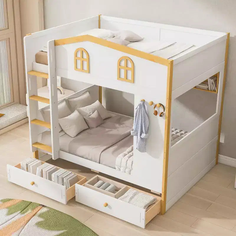 Whisen Bunk Bed with House-shaped Guardrails and Storage Shelves and Drawers or Trundle