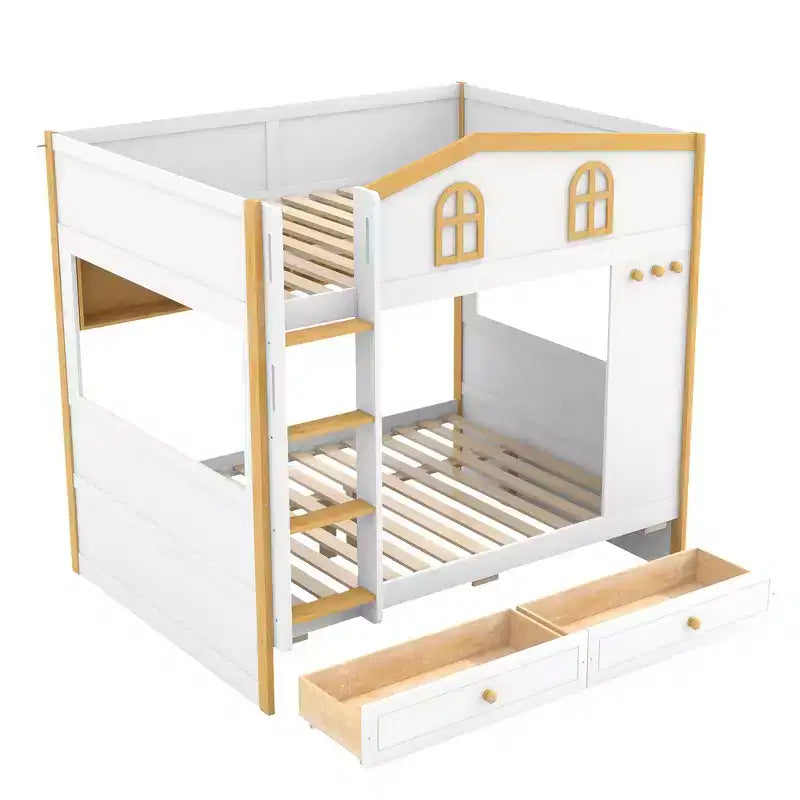 Lit superposé avec balustrades en forme de maison et étagères de rangement et tiroirs ou lit gigogne