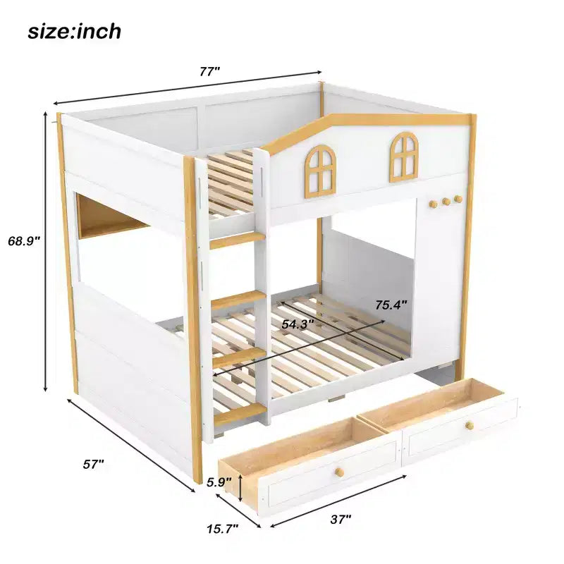 Lit superposé avec balustrades en forme de maison et étagères de rangement et tiroirs ou lit gigogne