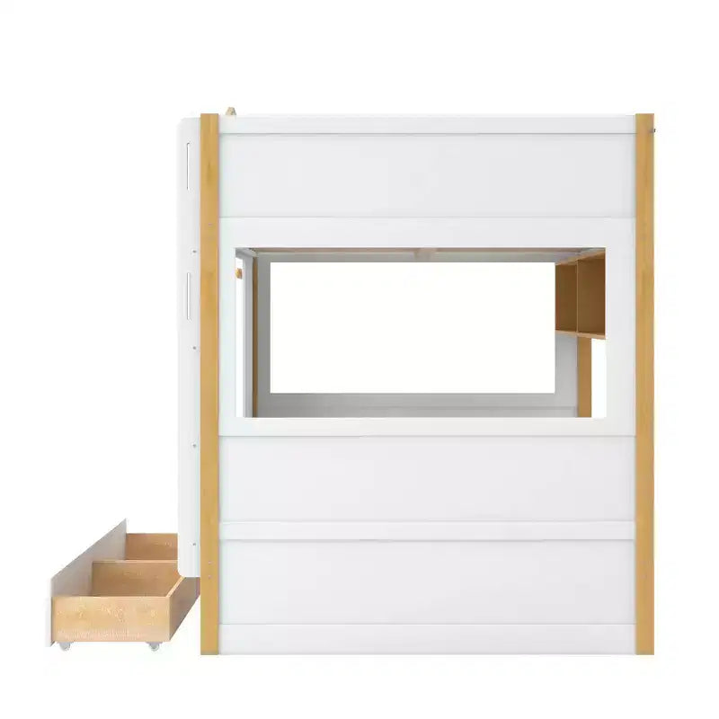 Lit superposé avec balustrades en forme de maison et étagères de rangement et tiroirs ou lit gigogne