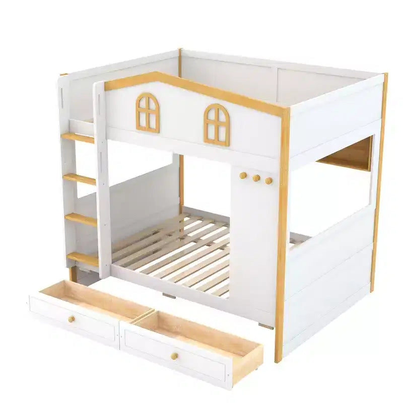 Lit superposé avec balustrades en forme de maison et étagères de rangement et tiroirs ou lit gigogne