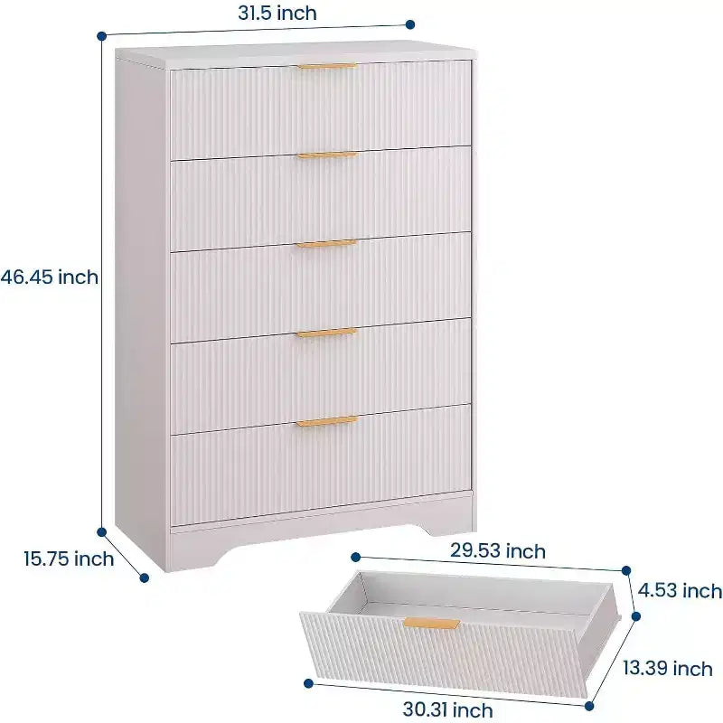 Commode haute à 5 tiroirs, commode moderne en bois avec glissières fluides et poignées métalliques dorées, armoire de rangement de 80 cm pour chambre à coucher, salon, entrée
