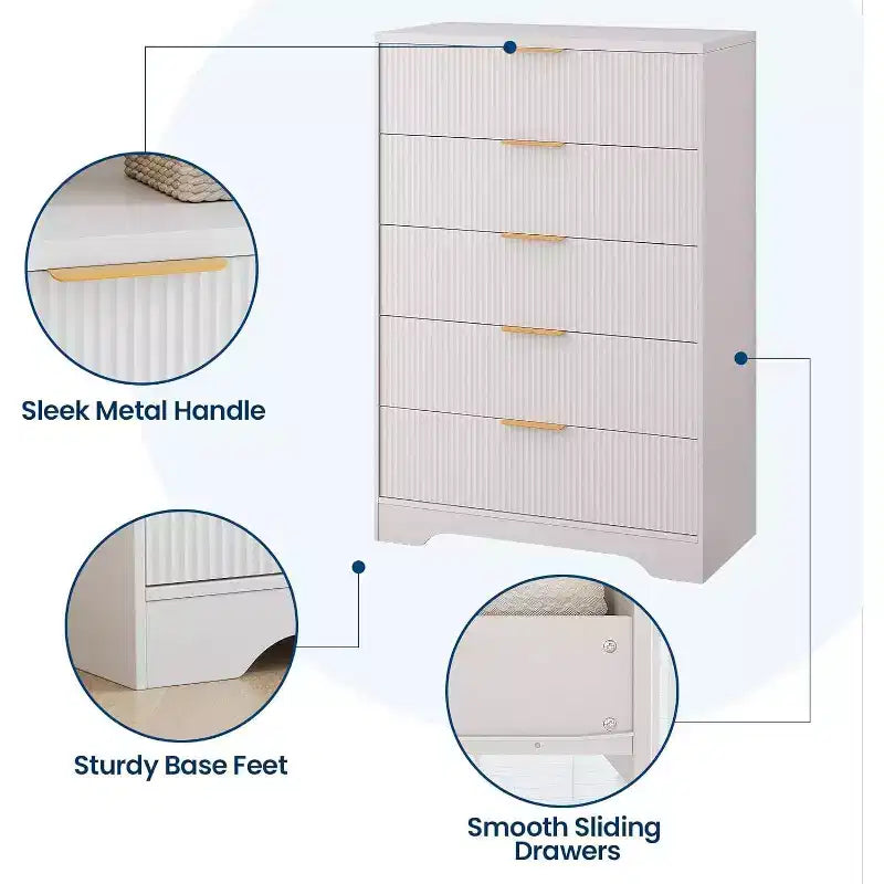 Commode haute à 5 tiroirs, commode moderne en bois avec glissières fluides et poignées métalliques dorées, armoire de rangement de 80 cm pour chambre à coucher, salon, entrée