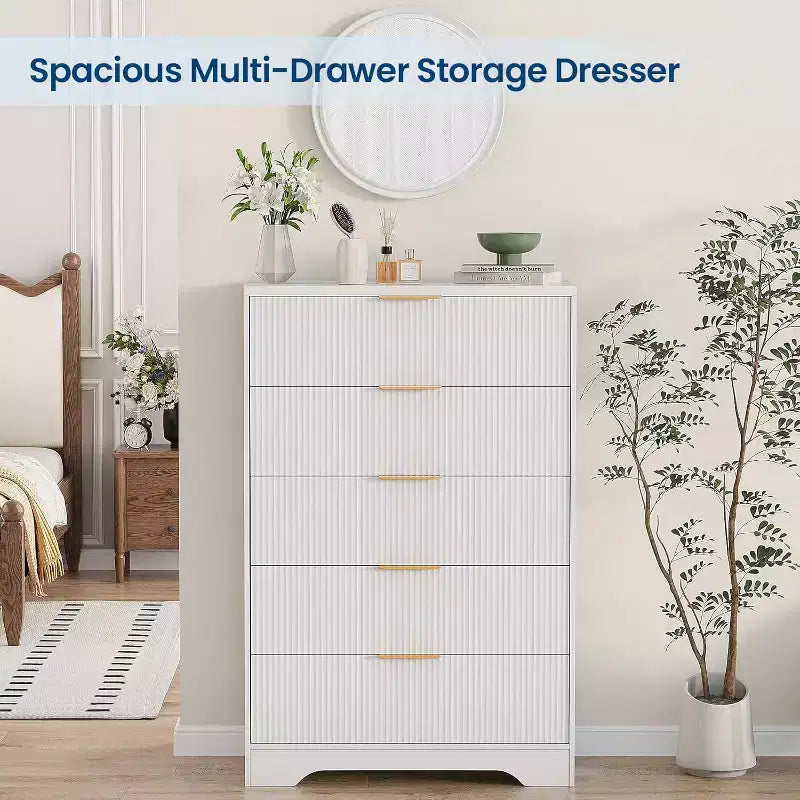 Commode haute à 5 tiroirs, commode moderne en bois avec glissières fluides et poignées métalliques dorées, armoire de rangement de 80 cm pour chambre à coucher, salon, entrée