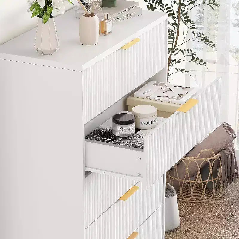Commode haute à 5 tiroirs, commode moderne en bois avec glissières fluides et poignées métalliques dorées, armoire de rangement de 80 cm pour chambre à coucher, salon, entrée