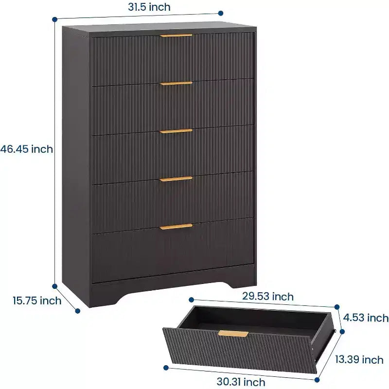 Commode haute à 5 tiroirs, commode moderne en bois avec glissières fluides et poignées métalliques dorées, armoire de rangement de 80 cm pour chambre à coucher, salon, entrée