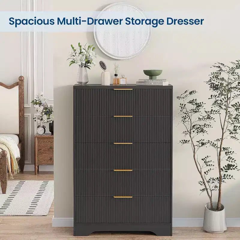 Commode haute à 5 tiroirs, commode moderne en bois avec glissières fluides et poignées métalliques dorées, armoire de rangement de 80 cm pour chambre à coucher, salon, entrée