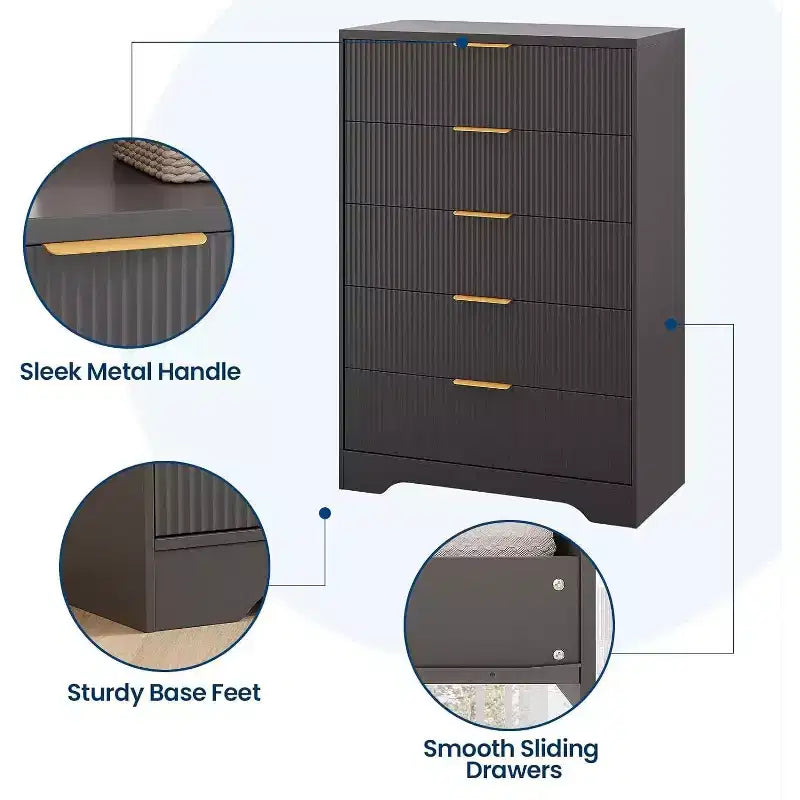 Commode haute à 5 tiroirs, commode moderne en bois avec glissières fluides et poignées métalliques dorées, armoire de rangement de 80 cm pour chambre à coucher, salon, entrée