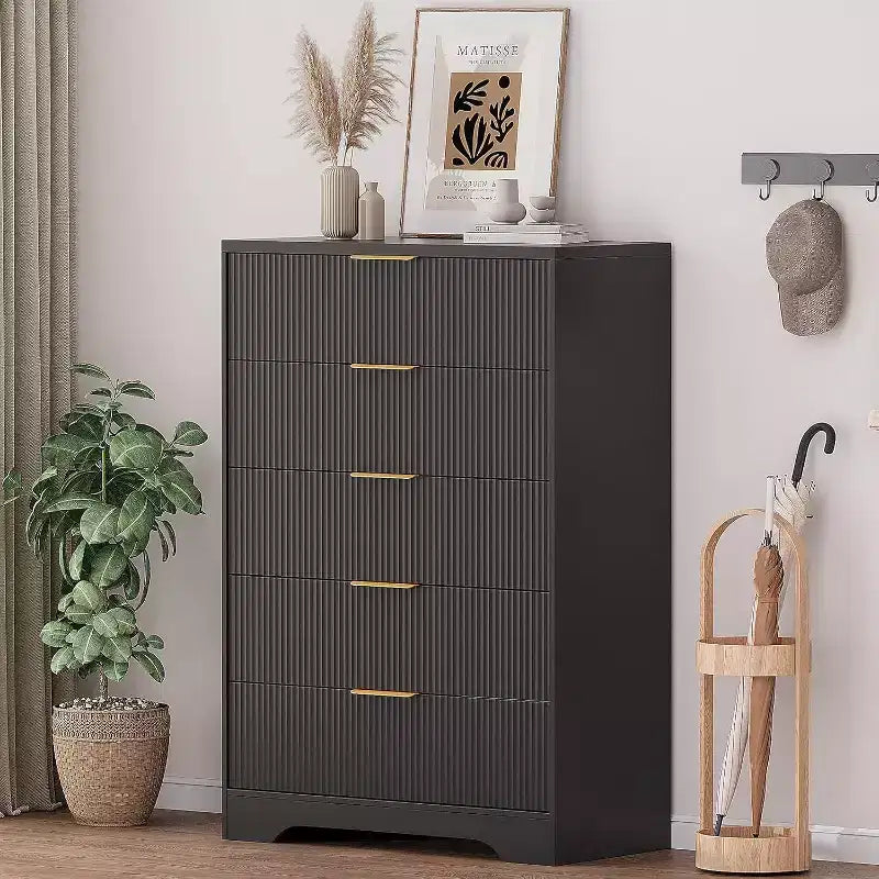 5 Drawers Tall Dresser, Modern Wood Chest of Drawers with Smooth Slides & Gold Metal Handles, 31.5 Storage Cabinet for Bedroom,Living Room,Entryway