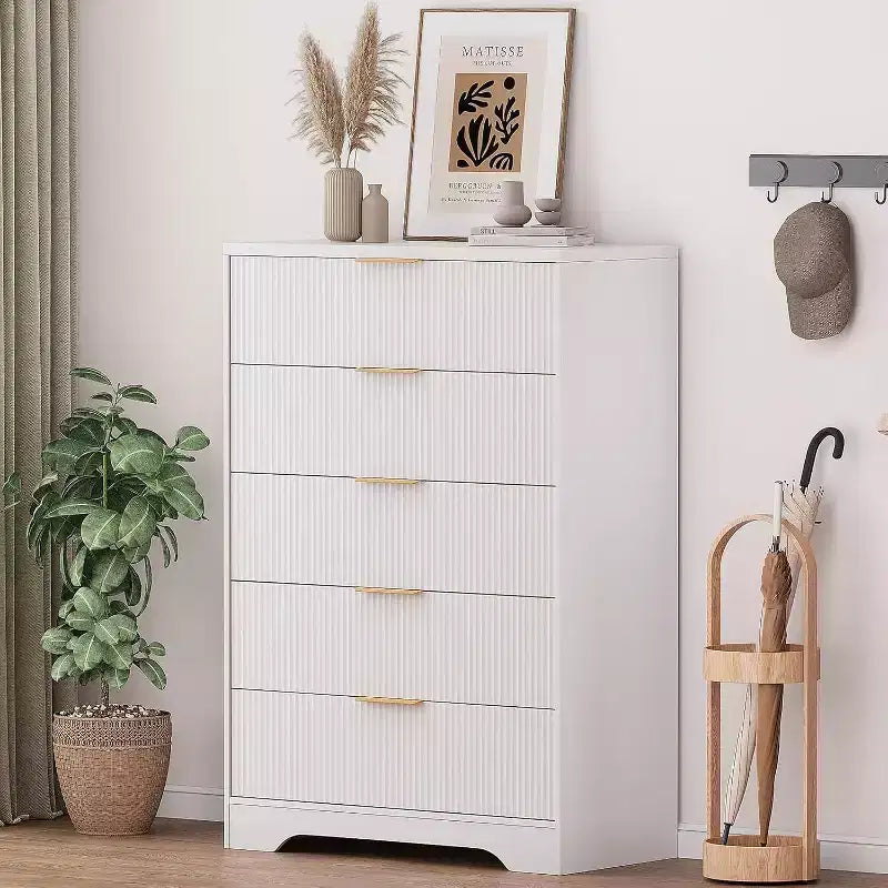 Commode haute à 5 tiroirs, commode moderne en bois avec glissières fluides et poignées métalliques dorées, armoire de rangement de 80 cm pour chambre à coucher, salon, entrée