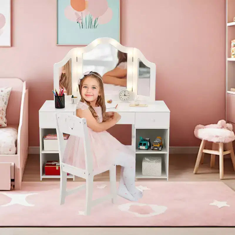 Kids Vanity with Lights, Princess Makeup Vanity Desk with Storage Cabinet Touch Light Detachable Tri-Folding Mirror, 2 in 1 Vanity Table, White