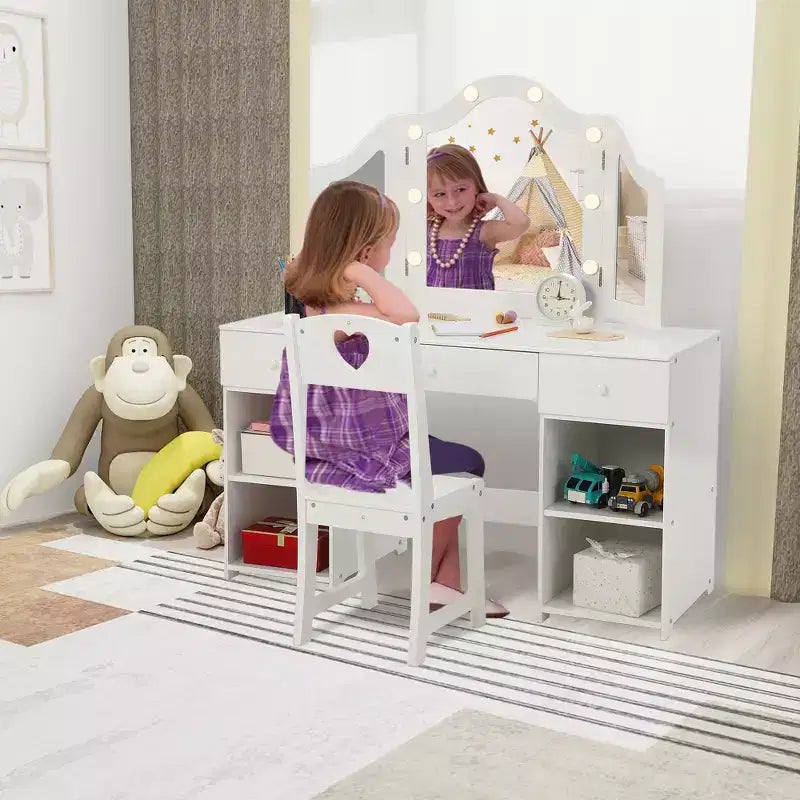Coiffeuse pour enfants avec lumières, coiffeuse de princesse avec meuble de rangement, miroir triptyque détachable à éclairage tactile, coiffeuse 2 en 1, blanc