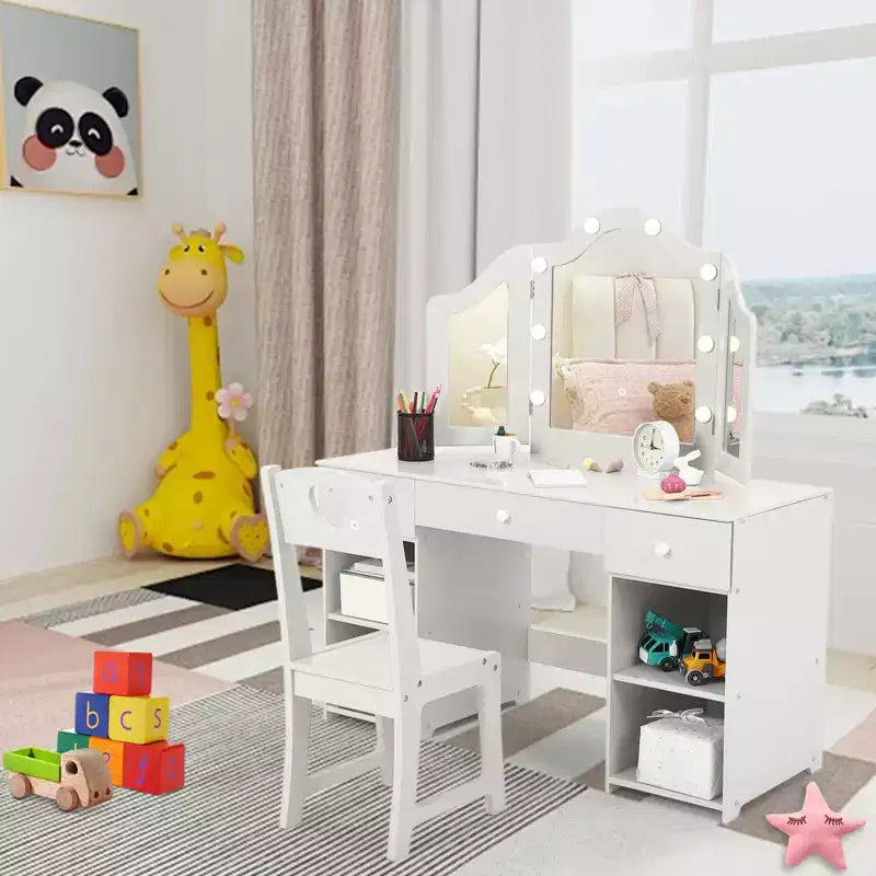 Coiffeuse pour enfants avec lumières, coiffeuse de princesse avec meuble de rangement, miroir triptyque détachable à éclairage tactile, coiffeuse 2 en 1, blanc
