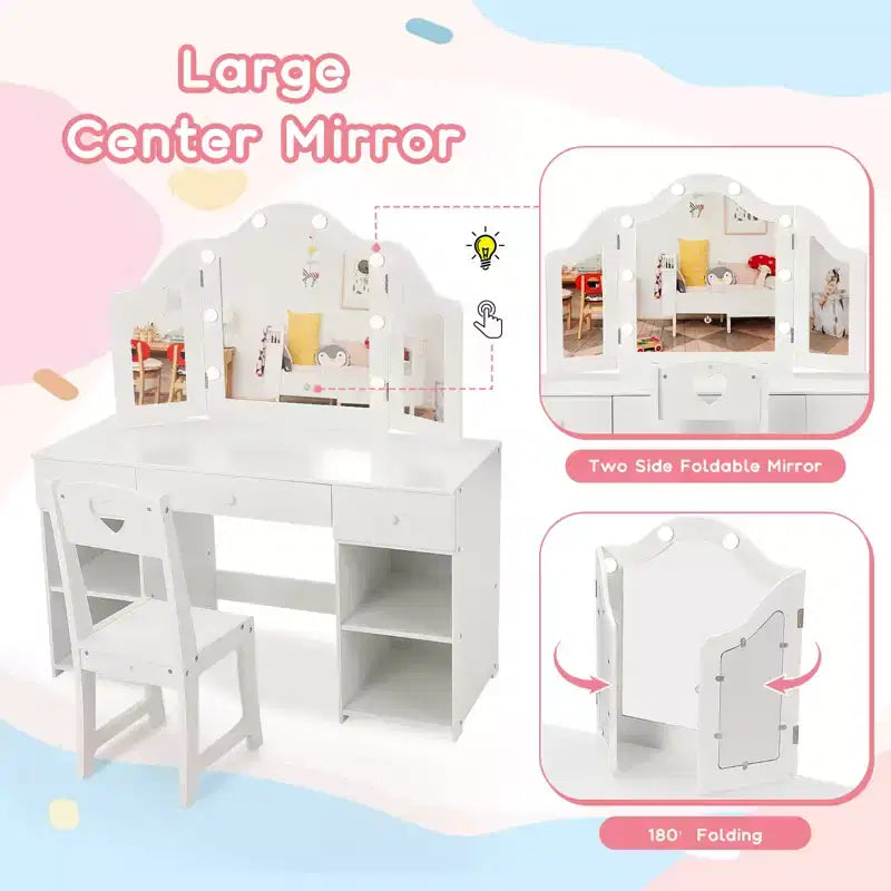 Coiffeuse pour enfants avec lumières, coiffeuse de princesse avec meuble de rangement, miroir triptyque détachable à éclairage tactile, coiffeuse 2 en 1, blanc