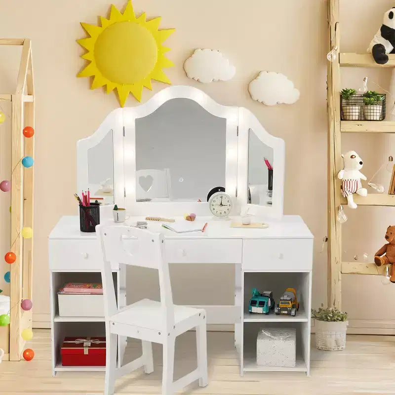 Coiffeuse pour enfants avec lumières, coiffeuse de princesse avec meuble de rangement, miroir triptyque détachable à éclairage tactile, coiffeuse 2 en 1, blanc