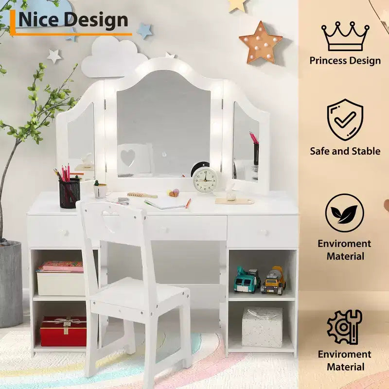 Coiffeuse pour enfants avec lumières, coiffeuse de princesse avec meuble de rangement, miroir triptyque détachable à éclairage tactile, coiffeuse 2 en 1, blanc