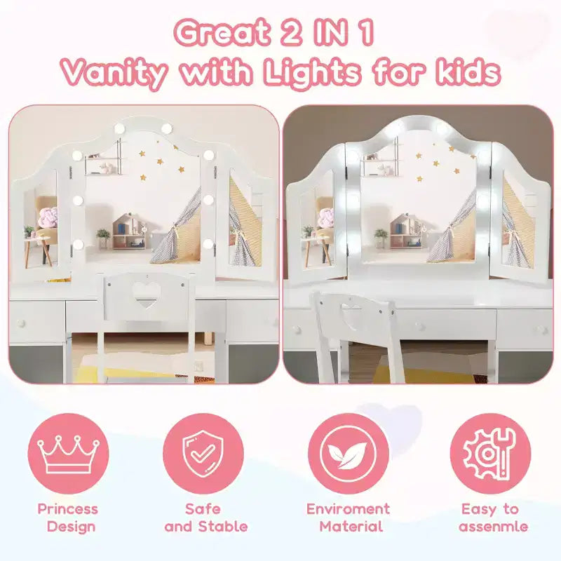 Coiffeuse pour enfants avec lumières, coiffeuse de princesse avec meuble de rangement, miroir triptyque détachable à éclairage tactile, coiffeuse 2 en 1, blanc
