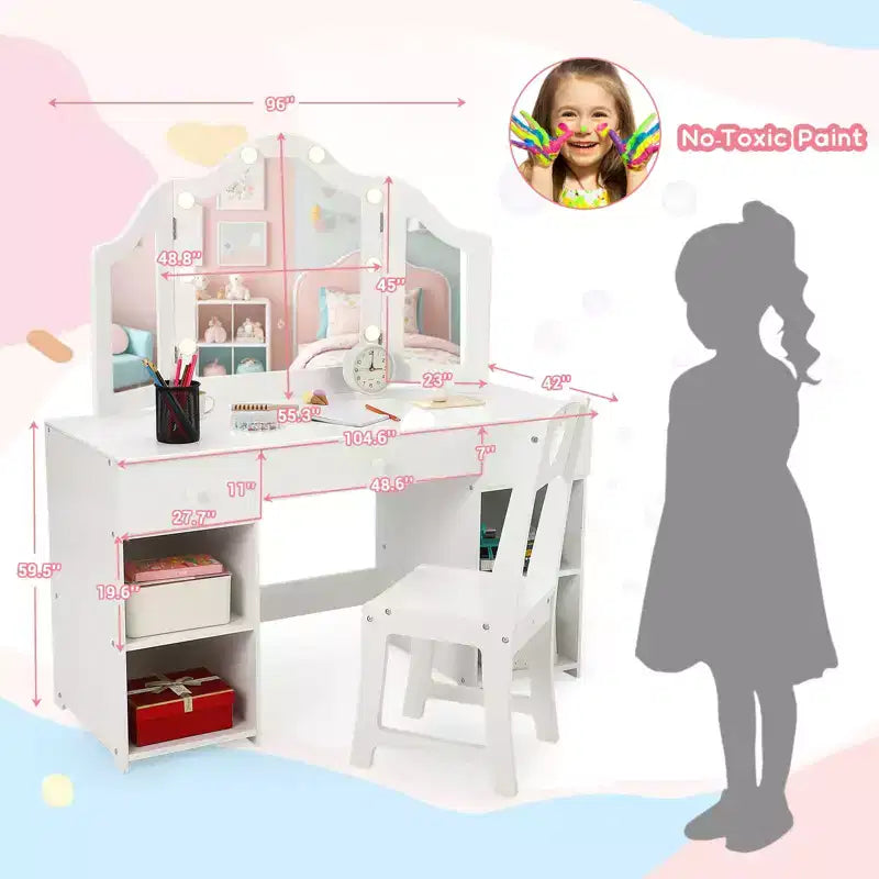 Coiffeuse pour enfants avec lumières, coiffeuse de princesse avec meuble de rangement, miroir triptyque détachable à éclairage tactile, coiffeuse 2 en 1, blanc