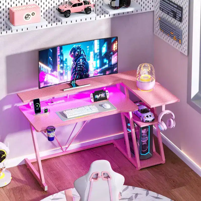 40 inch L Shaped Gaming Desk for Small Space Pink Computer Table with Monitor Stand and 3 Tier Storage Shelves Carbon Fiber