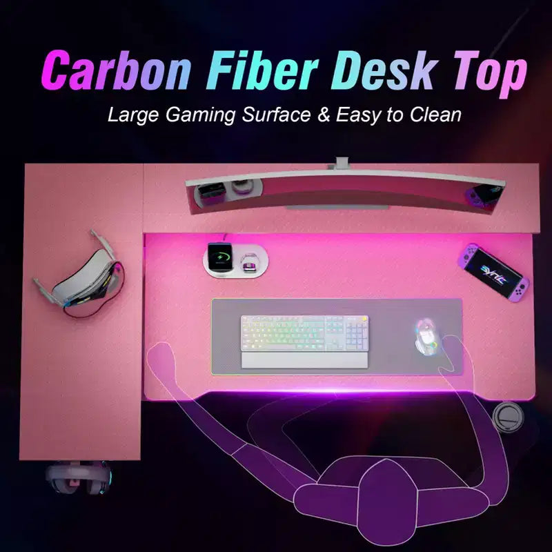 Bureau gaming en forme de L de 40 pouces pour petit espace, table d'ordinateur rose avec support d'écran et étagères de rangement à 3 niveaux, fibre de carbone