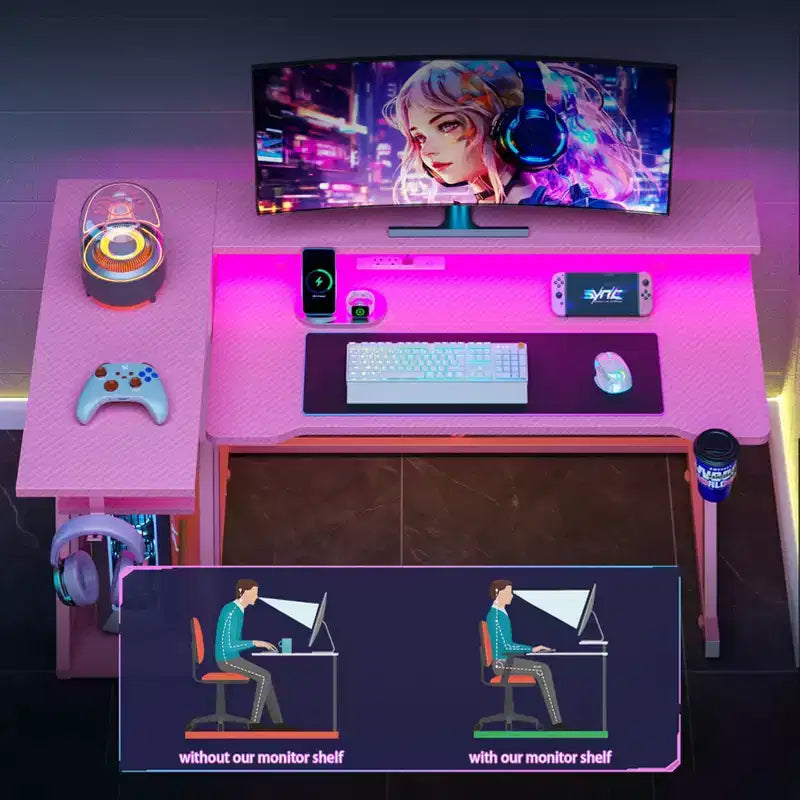 Bureau gaming en forme de L de 40 pouces pour petit espace, table d'ordinateur rose avec support d'écran et étagères de rangement à 3 niveaux, fibre de carbone