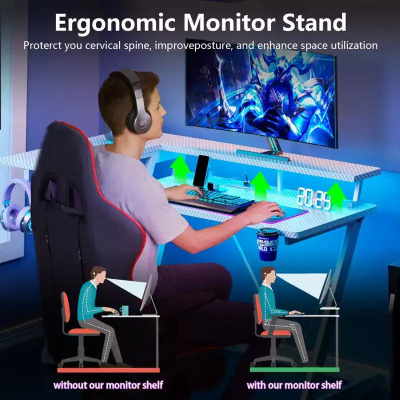 Bureau gaming en forme de L de 40 pouces pour petit espace, table d'ordinateur rose avec support d'écran et étagères de rangement à 3 niveaux, fibre de carbone