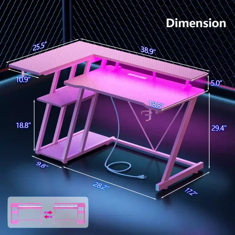 Bureau gaming en forme de L de 40 pouces pour petit espace, table d'ordinateur rose avec support d'écran et étagères de rangement à 3 niveaux, fibre de carbone