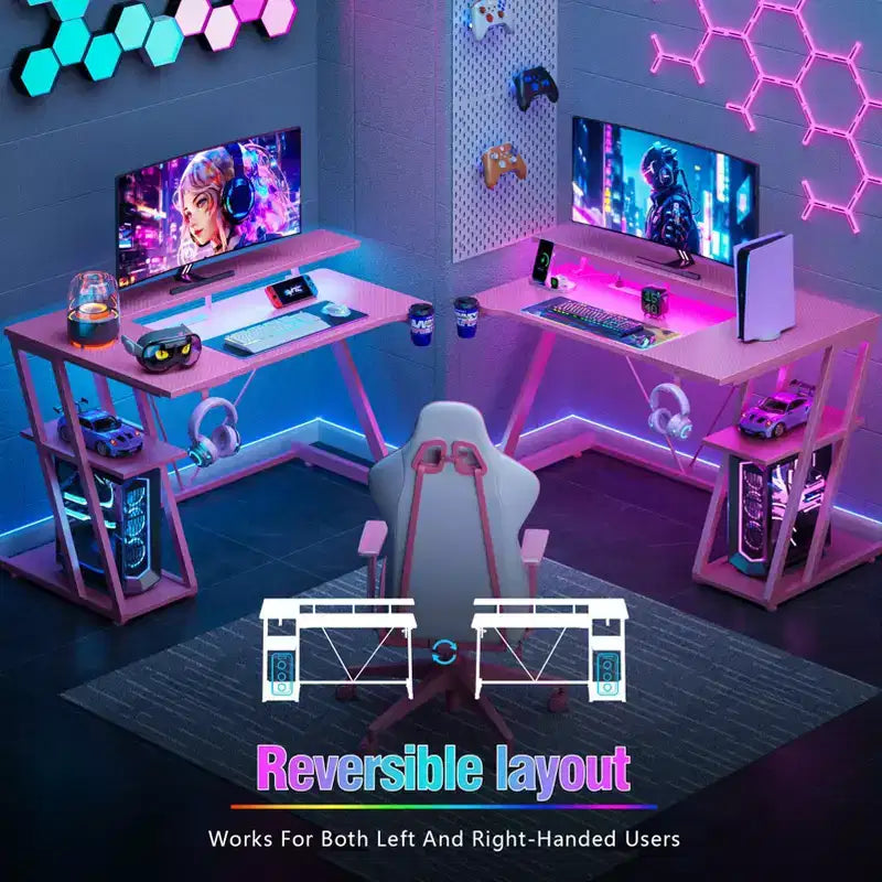 Bureau gaming en forme de L de 40 pouces pour petit espace, table d'ordinateur rose avec support d'écran et étagères de rangement à 3 niveaux, fibre de carbone
