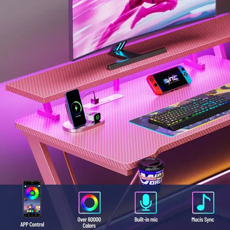 Bureau gaming en forme de L de 40 pouces pour petit espace, table d'ordinateur rose avec support d'écran et étagères de rangement à 3 niveaux, fibre de carbone