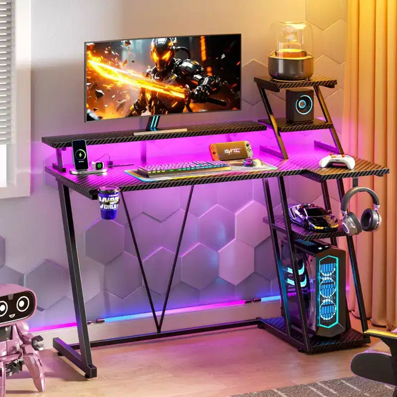 39 inch Black Gaming Desk Small L Shaped Computer Table with Monitor Stand Storage Shelves Modern Gamer Corner Desk Office Space Saving PC Room Desk