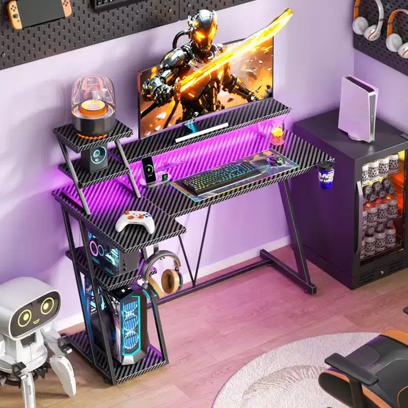 Bureau de jeu noir de 39 pouces, petite table d'ordinateur en L avec support d'écran, étagères de rangement, bureau d'angle moderne pour gamer, économiseur d'espace pour salle PC