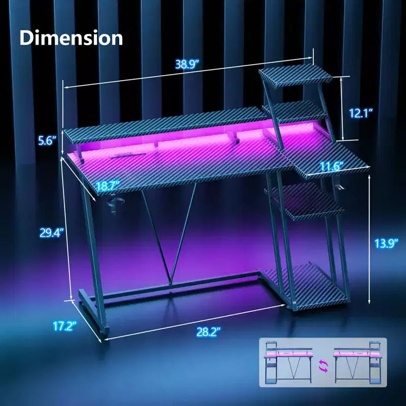 Bureau de jeu noir de 39 pouces, petite table d'ordinateur en L avec support d'écran, étagères de rangement, bureau d'angle moderne pour gamer, économiseur d'espace pour salle PC